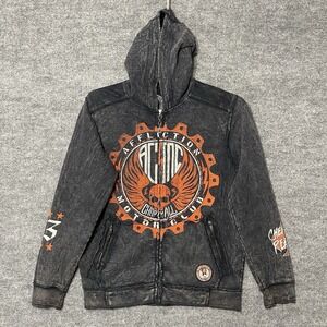 Affliction Hoodie Mens Small Black Skull Zip Jacket Distressed American‎ Customs